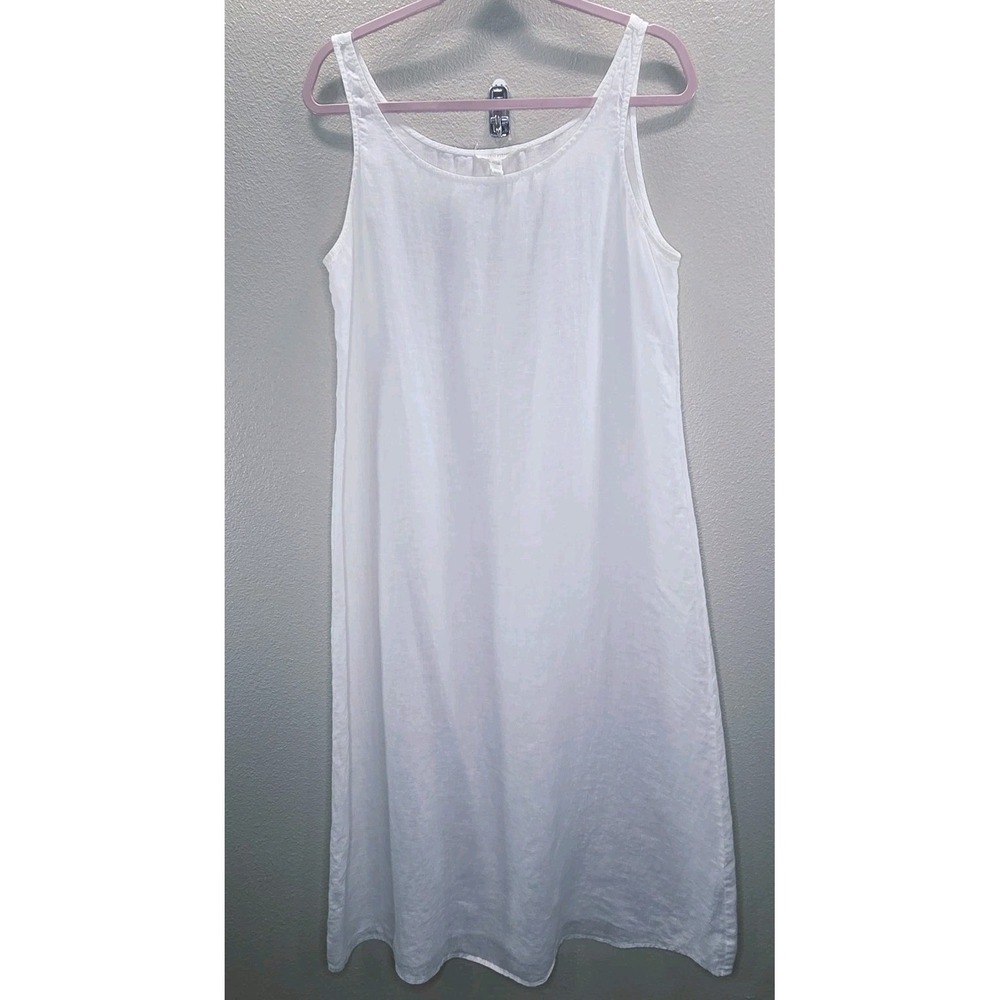Eileen Fisher White Linen Sleeveless Shift Dress Minimalist Midi Size M